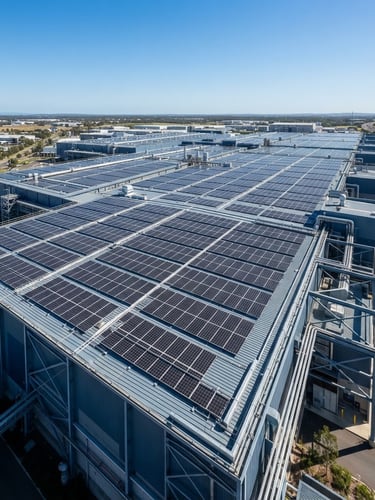 Wide-angle architectural photo of a massive industrial rooftop solar array on a steel-structure factory, bright direct sunlight, clean blue sky, sharp focus, 35mm