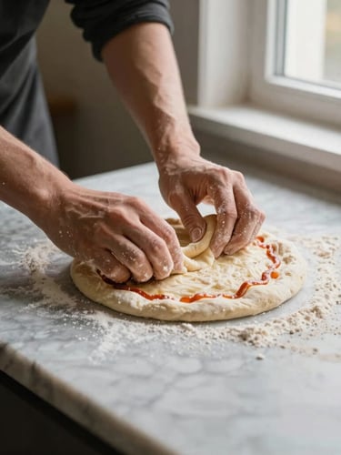 Hands kneading fresh pizza dough on a marble counter, flour dusted in the warm side-lit window light, 35mm photography