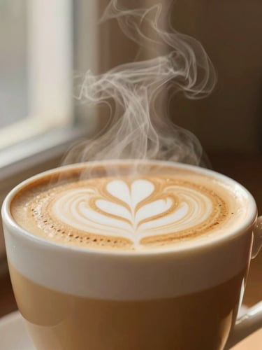 Close-up of steam rising from a freshly poured latte, warm side window light, rich coffee tones, shallow depth of field, 35mm