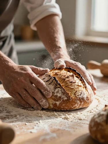 Close-up shot of a baker scoring fresh sourdough dough in a sunlit kitchen, flour dusting the air, warm side lighting, rich brown tones