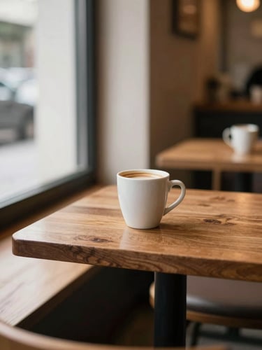 Warm editorial cafe interior photography, soft side window light hitting wooden tables, rich coffee tones, shallow depth of field, 35mm