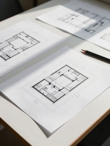 Wide-angle overhead view of a studio planning table, architectural drawings and grid layouts spread across matte white surface, single mechanical pencil resting at the edge, north-facing daylight casting clean parallel shadows, no people