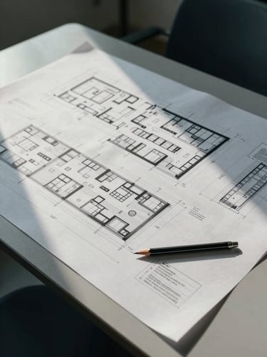 Wide overhead shot of a planning room table, large-format architectural diagrams spread flat under cool north-facing daylight, a single mechanical pencil resting at the lower-right corner, no people