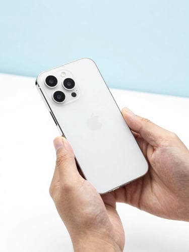 Hands of a technician holding a pristine refurbished smartphone, bright high-key product photography, clean white background, crisp studio light, sharp focus