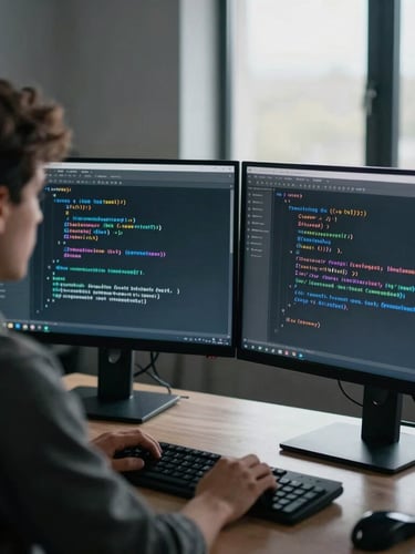 Over-the-shoulder view of a developer analyzing clean code on dual monitors in a dim room with cool screen glow, 35mm lens, high contrast.