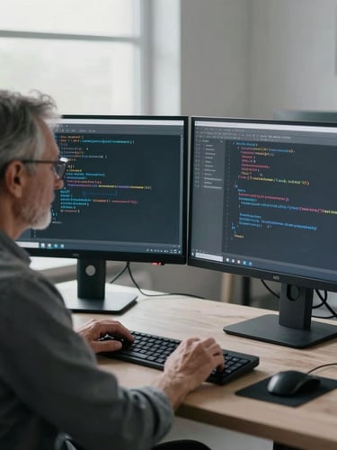 Over-the-shoulder shot of a senior software engineer writing clean code on a dual-monitor setup, cool screen glow, natural window light, desaturated slate tones, 35mm lens.