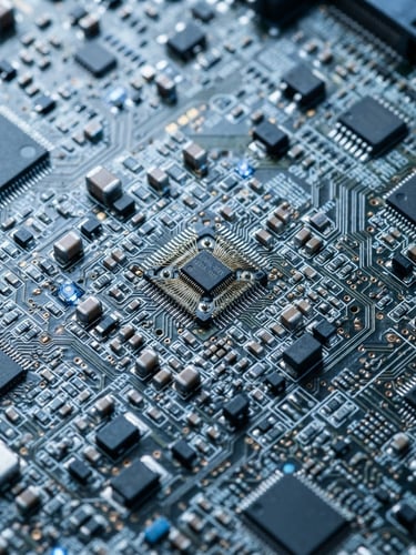 Close-up of internal circuitry with high-precision microchips, cool blue studio lighting, macro lens, hyper-detailed depth of field
