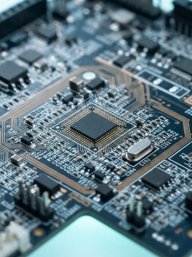 Macro shot of a high-precision circuit board under cool studio lighting with subtle cyan backlighting, highlighting clean-room precision and detailed depth of field.