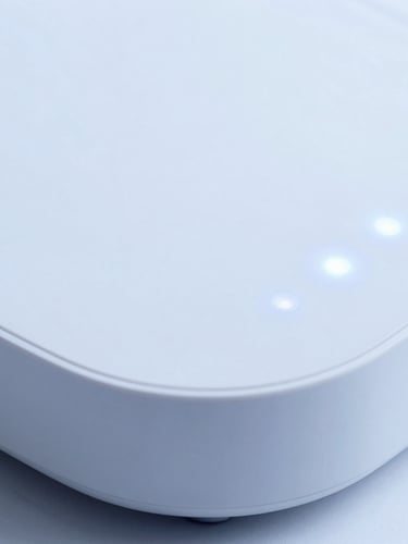 A smart home hub device with glowing LED indicators in a clean studio setting, high-key lighting, macro depth of field