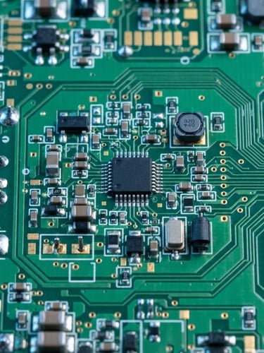 Macro shot of high-precision green printed circuit board with SMT components, cool blue studio lighting, sharp depth of field
