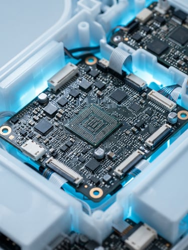 Macro shot of high-precision internal circuitry with clean white housings, cool blue backlighting, sharp focus on microchips, technical studio lighting.