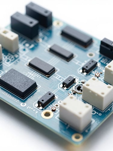 Overhead technical layout of an industrial electronic controller board, high-precision assembly, crisp cool shadows