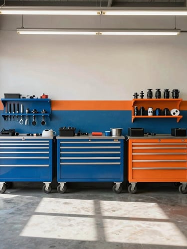 Straight-on medium shot of the Prime Auto Drive clean workshop bay with bright natural daylight, tool racks organized on the wall, cool blue and warm orange tones