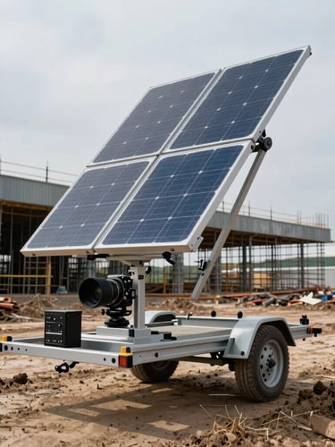 Low-angle heavy-duty solar camera trailer with solar panels raised, standing in a muddy commercial construction site, steel framing of a warehouse under construction in the background, overcast sky.