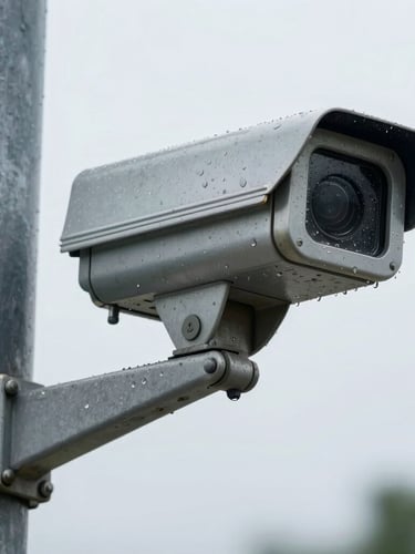 Tight detail shot of a weather-beaten, heavy-duty security camera enclosure mounted on a steel mast, rain droplets on the lens casing, high-contrast industrial lighting