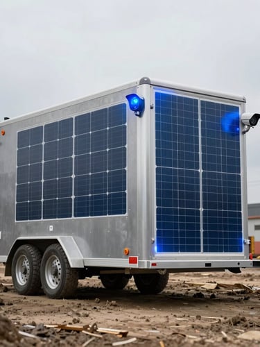 Low-angle hero shot of a heavy-duty solar-powered security camera trailer standing in a muddy jobsite, ruggedized steel casing, flashing blue deterrent light, high-contrast overcast daylight