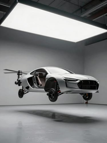 Flying car prototype hovering low in a clean controlled hangar environment, three-quarter front angle from slightly below, bright studio strobes from above, neutral grey floor, no people, mechanical rotors visible, sharp technical detail