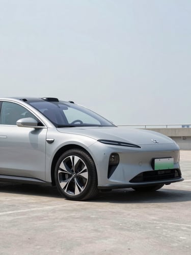 Three-quarter side angle of a low-profile electric sedan on empty concrete, shot from driver-side front corner, bright overcast daylight, clean minimal background, no people, sharp detail on front wheel arch and hood line