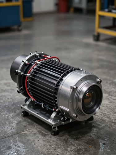 Close-up three-quarter angle of an electric vehicle drivetrain assembly on a concrete workshop floor, exposed motor and cooling lines sharply lit under studio strobes, no human presence, high-contrast industrial setting