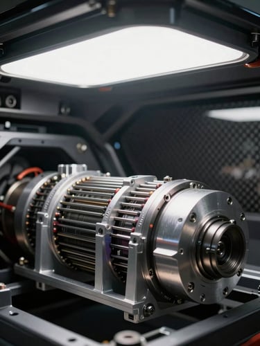 Extreme close-up of a distributed electric motor array inside a flying vehicle chassis, hard studio strobe lighting from above, precision-machined aluminium housings visible, carbon fibre structure in background, no people
