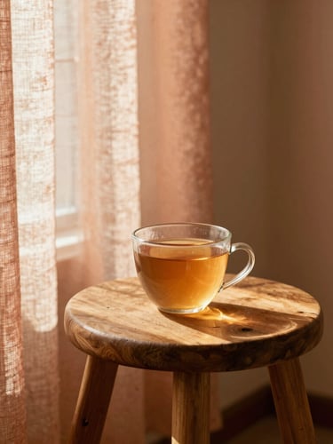 A serene corner of a room with a soft linen curtain, a small wooden stool holding a warm cup of herbal tea, soft shadows, 35mm