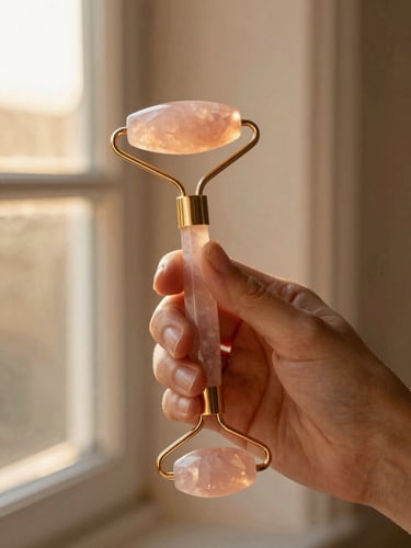 Close-up of a hand holding a polished rose quartz face roller, warm golden-hour window light, soft linen background, 35mm photography