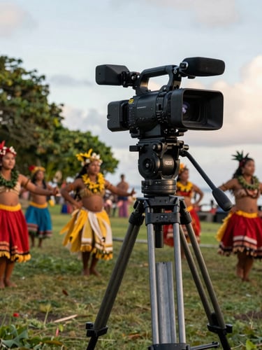A professional television news camera on a heavy tripod framing a vibrant cultural dance performance at golden hour in Apia, Samoa.