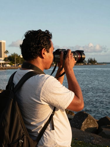 A professional Samoan photojournalist holding a camera, looking out over Apia harbor at golden hour, 35mm documentary style, authentic atmosphere.