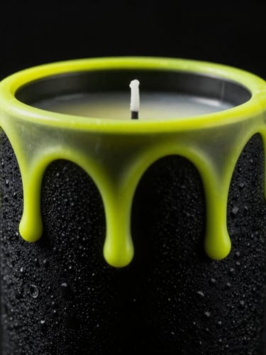 Extreme close-up of a textured black candle with neon yellow wax drips, dramatic dark studio lighting, high contrast, 50mm