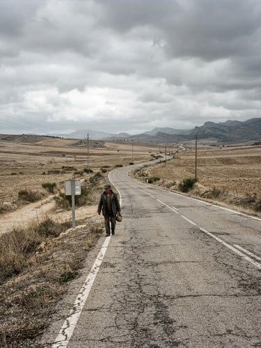 Wide angle documentary shot of the EX-370 road landscape, dry agricultural fields under an overcast grey sky, realistic gritty texture, 35mm film