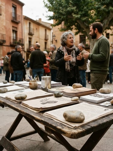 A close-up documentary photograph of a rustic wooden table set up in a sunny Spanish town square, papers and brochures held down by stones, people in the background talking, warm natural overcast light, 35mm film.