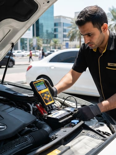 Close-up action shot of a technician in a clean black and yellow uniform using a digital battery tester under the open hood of a modern vehicle on a sunny Dubai roadside, bright midday light.