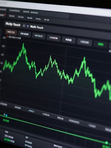 Macro crop of a dark-mode analytics dashboard showing multi-touch attribution models, sharp screen-glare highlights, terminal green data lines, high contrast.