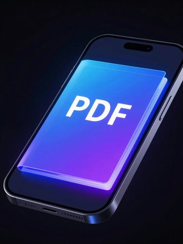 A futuristic 3D mockup of a smartphone floating in dark space, displaying a glowing neon blue and purple PDF guide cover on its screen, sharp high-contrast lighting, obsidian background, 8k