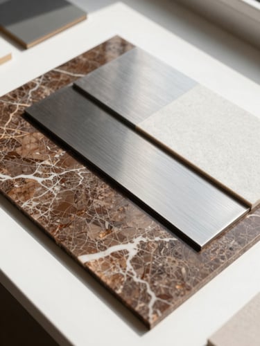 Luminous editorial photography, close-up of physical material board with brown Emperador marble, brushed steel, and Tyvek samples on an active work desk, bright natural daylight, high-contrast