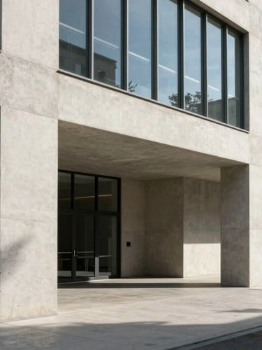 High-contrast architectural crop of a modern concrete and glass creative hub, sharp afternoon shadows, minimalist Swiss design aesthetic, warm off-white tones.
