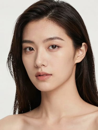 Close-up three-quarter portrait of a female model under bright studio strobe light, sharp focus on face and collarbones, clean white background, unretouched skin, editorial agency documentation quality