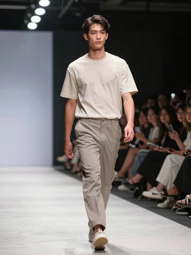 Wide shot of a male model mid-stride on a Jakarta Fashion Week runway, full-body frame, bright overhead stage lighting, sharp focus on posture and movement, audience blurred in background