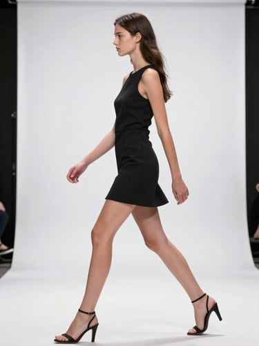 Close full-body shot of a young female model mid-stride on a runway, sharp focus on posture and movement, studio strobe lighting, clean white backdrop, professional editorial framing