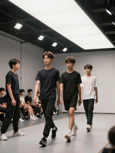 Wide shot of a training session on a studio runway, two students walking in formation under bright overhead lights, instructor watching from the side, sharp focus on posture and footwork, professional documentary framing