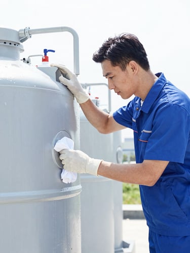 Bright clean commercial photography of a professional technician in a clean uniform inspecting a sparkling clean water tank under bright daylight