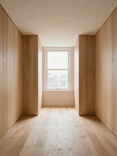 Symmetrical architectural interior photography of a luxury modern apartment living room, light oak paneling, soft natural light, medium format