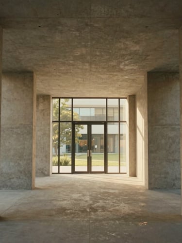 Cinematic architectural video frame, slow camera movement through a minimalist concrete and glass hallway, warm golden hour light