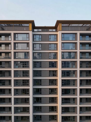 Geometric aerial view of a luxury residential building facade, symmetrical lines, soft evening sky background, architectural drone photography