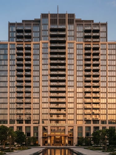 Symmetrical architectural shot of a modern luxury residential tower facade at golden hour, sharp vertical lines, warm neutral tones, medium format 35mm