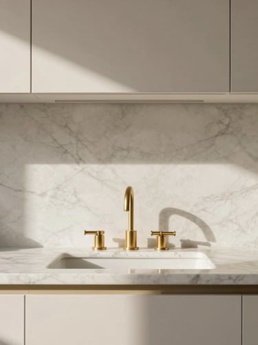 Architectural close-up of premium marble countertops and brass fixtures, soft side lighting, shadows, minimalist kitchen interior