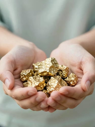 Close-up shot of hands holding raw gold ore under soft natural daylight, bright and airy environment, shallow depth of field, 35mm style