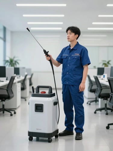 A professional technician in clean uniform operating an advanced electrostatic sprayer in a bright, modern corporate lobby, cool crisp lighting, 35mm lens