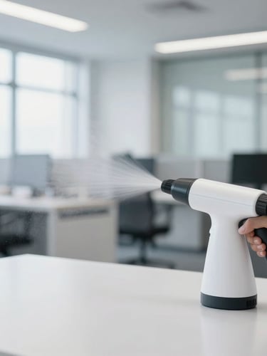 Close-up of a clean corporate office desk surface being misted by a professional electrostatic sprayer, bright clean natural light, crisp cool tones, 35mm lens
