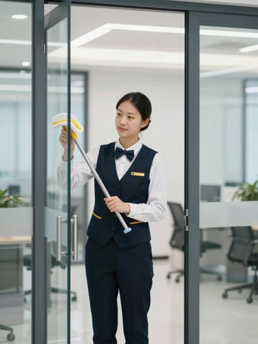 Professional uniformed day porter cleaning a glass door in a modern corporate office, bright even interior lighting, focus on work